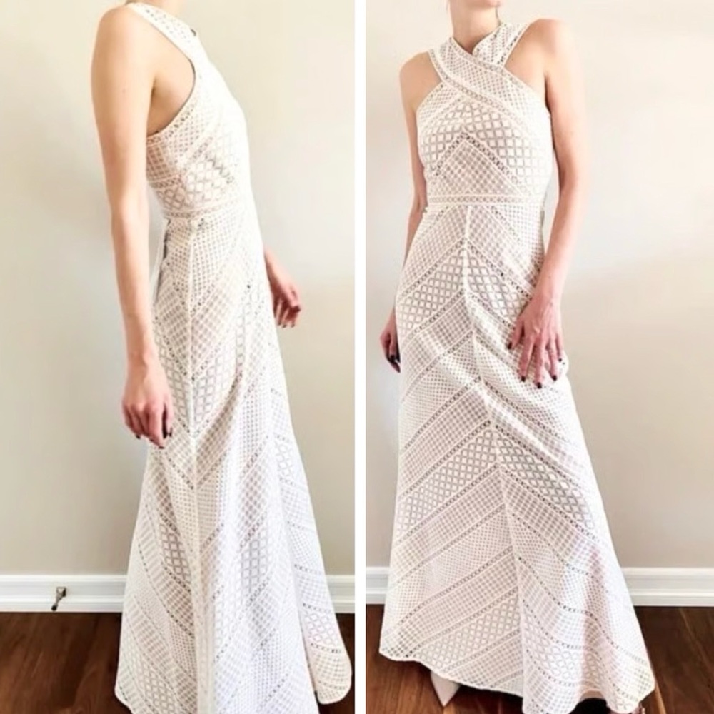 BCBGMaxAzria Bernadette Ivory Lace Maxi Dress Crochet Boho Wedding Gown Size 0 - Picture 3 of 15